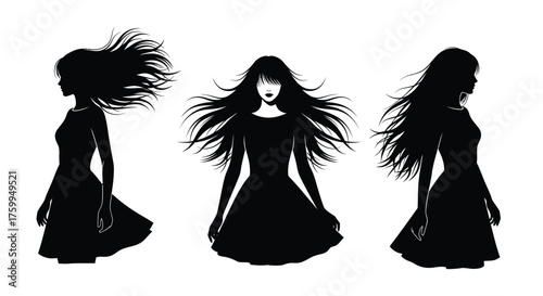Silhouettes of three women with flowing hair in a black and white design