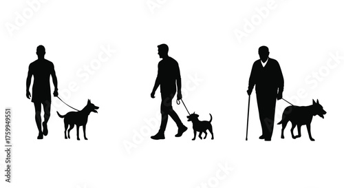 Silhouette of a man walking his dog through stages of life
