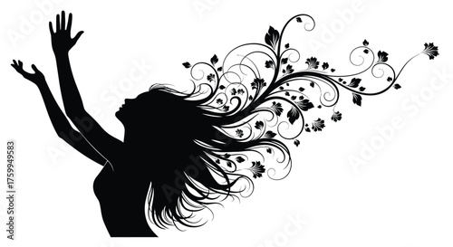 Silhouette of a woman with floral hair reaching upwards in freedom