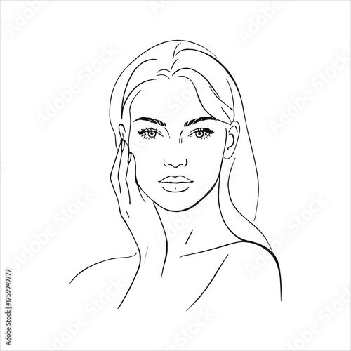 Minimalist woman face line art touching cheek