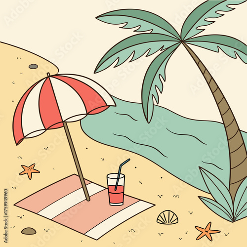 Vector art of beach scene with umbrella and palm tree