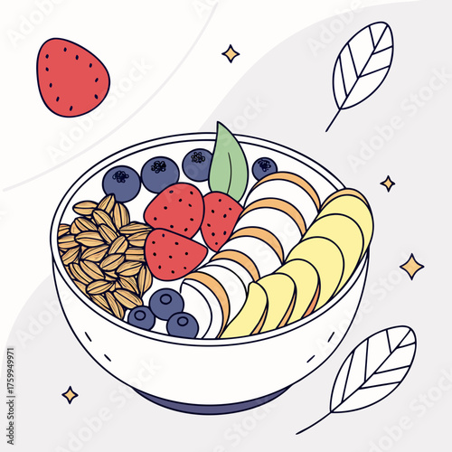Vector art of bowl of fruit with granola isolated on white