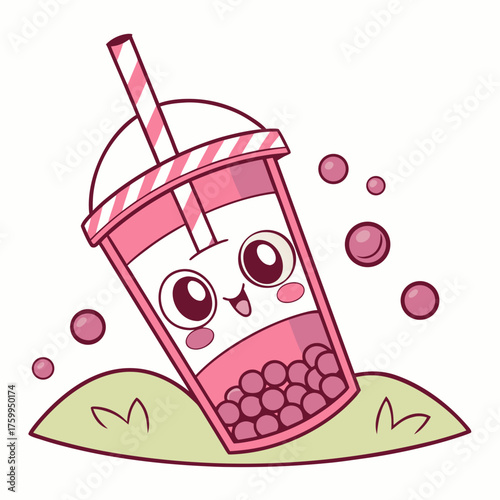 Vector art of cute boba tea on grass