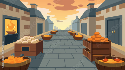 A cobblestone street lined with crates of farmfresh eggs and homemade bread surrounded by the savory aroma of sizzling meats from a nearby grill.