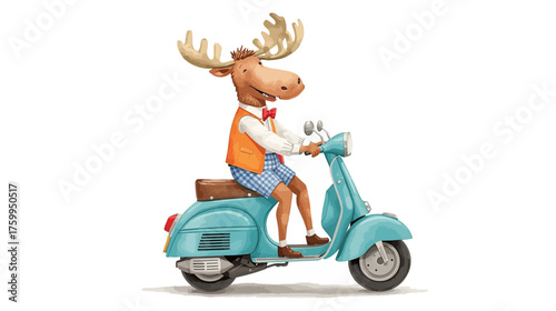 Santa Claus on a scooter or motorcycle with a vintage, fun, cartoon, or vector illustration of his speedy road transport