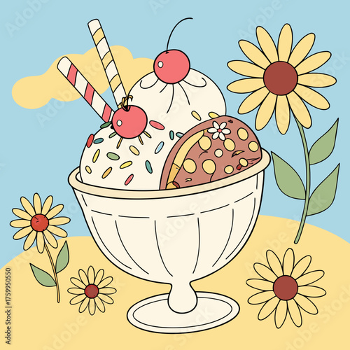 Vector art of ice cream sundae with flowers illustration