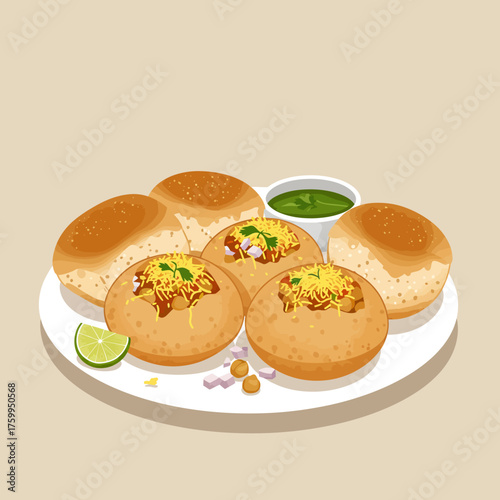 Delicious illustration of Indian street food dish Pav Bhaji or Misal Pav with toasted buns (Pav) and spicy vegetable curry, garnished with onions, sev, and a side of lime and green chutney