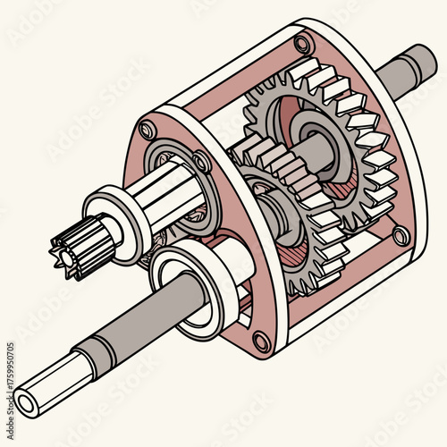 Vector art of isometric view of a gearbox mechanism