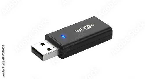 Black usb wifi adapter isolated on transparent background, featuring a compact design and a blue indicator light for wireless network connectivity