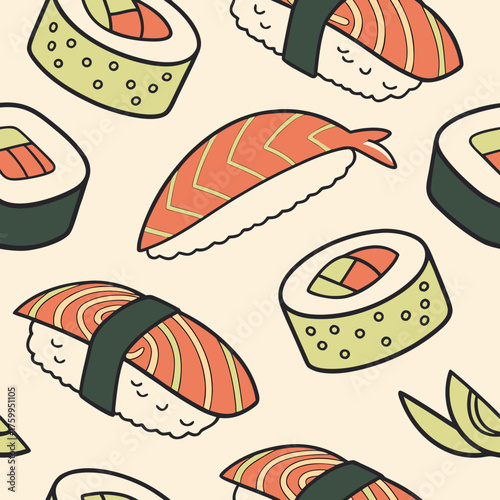 Vector art of sushi pattern with salmon and avocado rolls