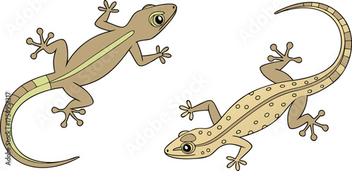 Two stylized black gecko silhouettes are depicted against a plain white background. The gecko on the left is positioned slightly diagonally, with its head and front legs turned to the viewer's left, a
