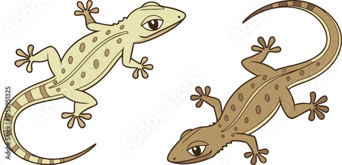 Two stylized black gecko silhouettes are depicted against a plain white background. The gecko on the left is positioned slightly diagonally, with its head and front legs turned to the viewer's left, a