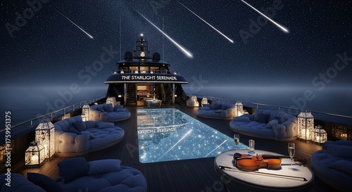 Luxury yacht deck under meteor shower at night