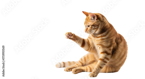Ginger cat playing with its paw isolated on transparent background