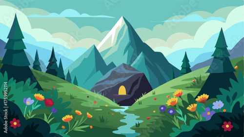 A hidden gem nestled in a valley surrounded by towering mountains and dotted with colorful wildflowers.