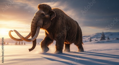 Majestic woolly mammoth walking in a winter landscape