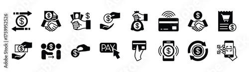 Financial transaction icon vector set. Contains banking, credit card, pay, payment method, cash, digital mobile currency, refund, scan barcode, exchange, purchase, tax receipt, transfer, loan