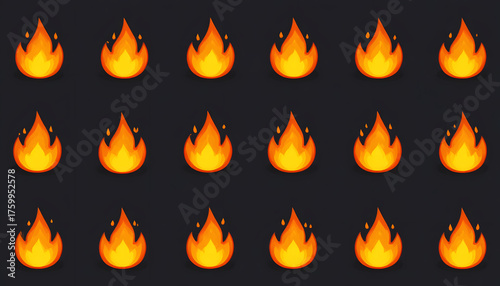 A seamless, repeating pattern of simple fire icons on a solid black background.
