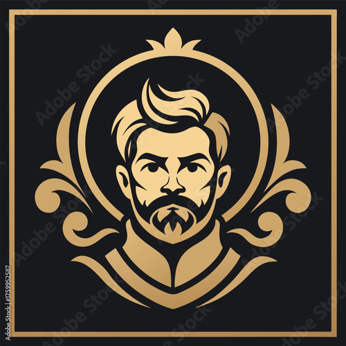 Ornate Portrait Logo for Upscale Barber Shop with Golden Design