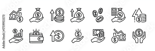 Revenue line icon set. Contains money, income, salary, finance, up arrow profit growth, savings, earnings, cash, bonus, payment, currency, decline chart, accounting, bank, market - vector illustration