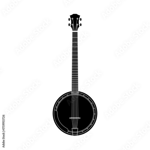 Classic Black Banjo Silhouette Vector Illustration with Detailed Strings and Tuning Pegs.