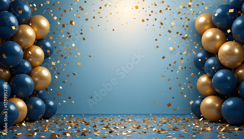 A festive celebration background with blue and gold balloons, and gold confetti on a gradient blue backdrop.

