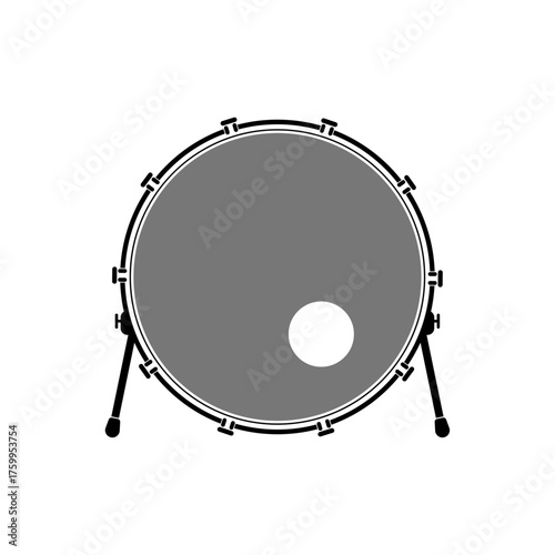 Minimalist black and white bass drum with port hole, front view, on stand, musical instrument.