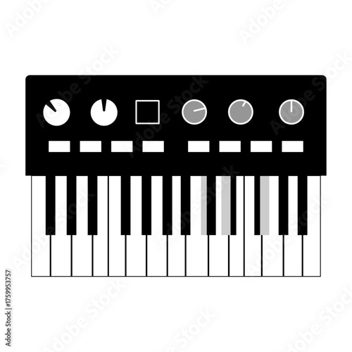 Minimalist Black and White Electronic Keyboard Synthesizer with Control Panel and Keys.