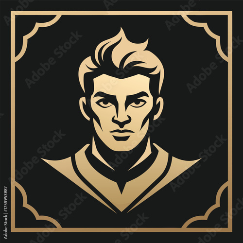 Golden Man Vector Portrait Elegant Art Deco Design with Sophisticated Frame on Black Background