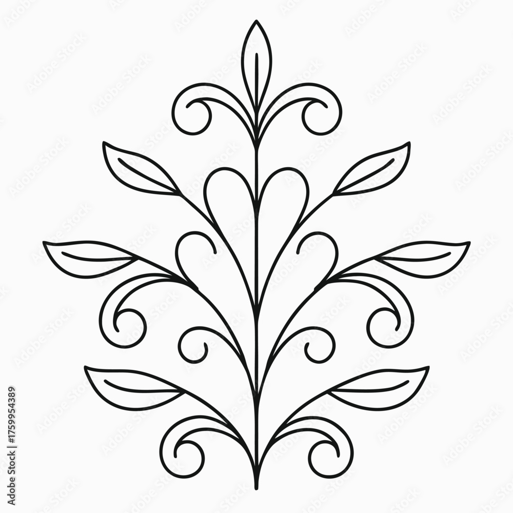 Obraz premium Botanical Elegance Ornate Vector Illustration of a Swirling Branch Ornament with Graceful Leaves and Spirals Design for Invitations and Decoration