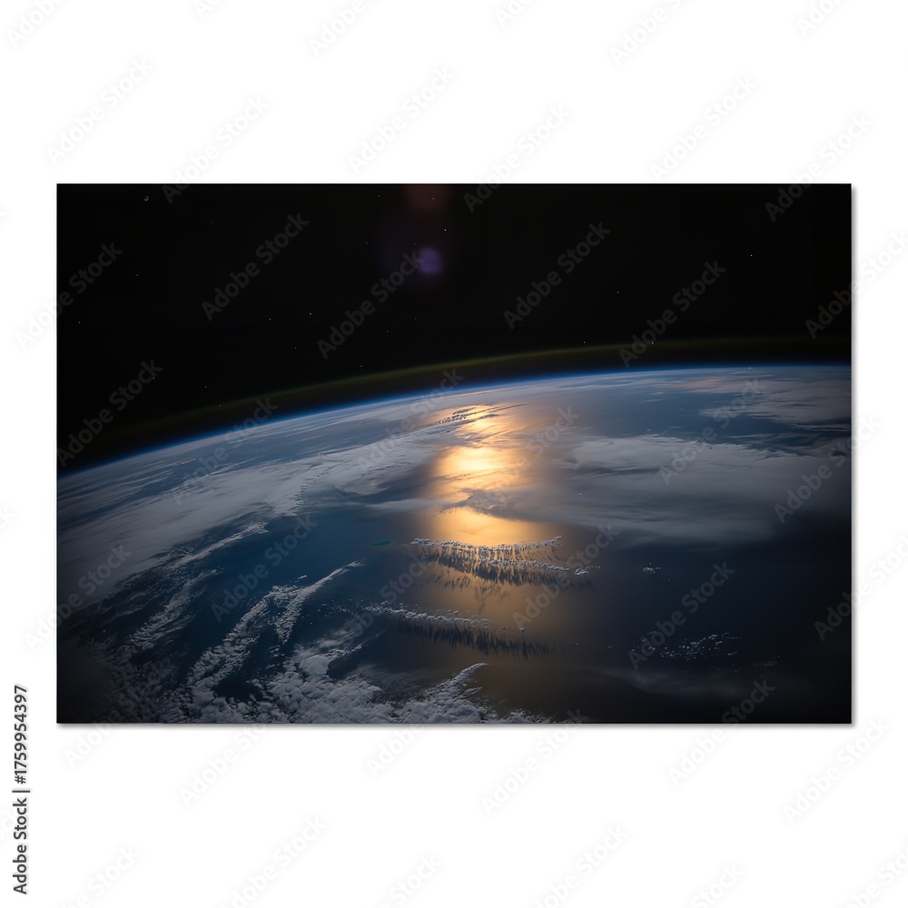 Fototapeta premium Earth view from space stock photo: planet, atmosphere, clouds, oceans, sun reflection, stars