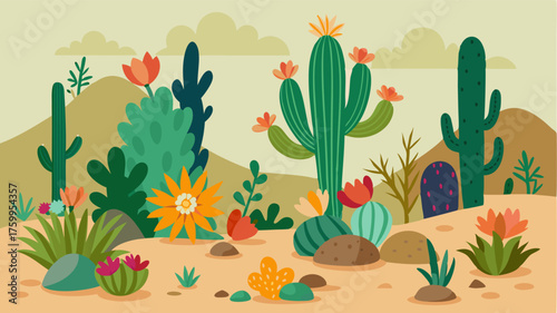 A cactus garden bursting with life thanks to blooming desert wildflowers and crawling succulents.