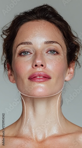 Woman showing clean, healthy skin with defined jawline and neck contours for cosmetic lifting, anti aging, beauty, and skincare concept portrait