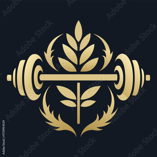 Luxurious Golden Barbell Weightlifting Emblem Fitness Gym Design: Athletic Lifestyle Strength Training and Physical Wellness