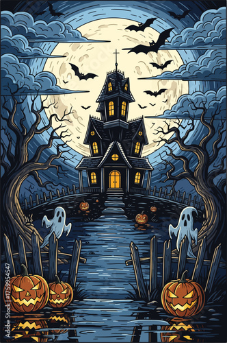 Haunted Halloween House Full Moon Bats