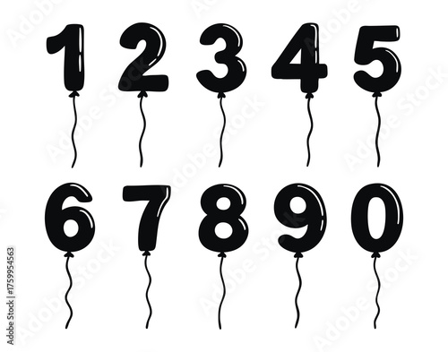 Monochrome number balloons set. Metallic balloon numerals 0 9, outline and line art style, isolated. set, line art, outline, doodle hand drawn, for stickers, logos, branding.