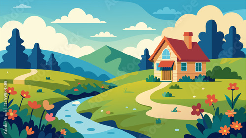 A picturesque cottage surrounded by sprawling fields of wildflowers and a meandering creek.