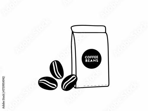 Minimalist coffee beans and bag vector illustration