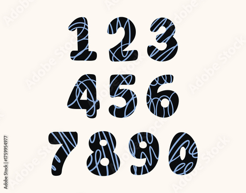 Monochrome kids numbers 1, 2, 3, 0 set with simple pattern lines, outline and line art, isolated. set, line art, outline, doodle hand drawn, for stickers, logos, branding, social media.