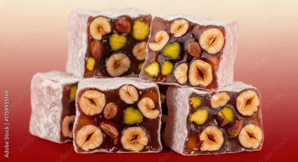 Obraz premium Stacked Turkish Delight Cubes with Hazelnuts and Pistachios delicacy