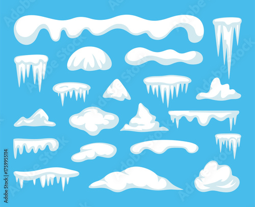 Winter Decoration Vector Collection with Snow Caps, Snowdrifts, Icicles, and Snowy Frames Ideal for Christmas and New Year Holiday Illustrations and Seasonal Design Projects