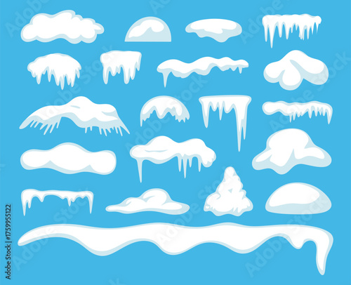 Winter Decoration Vector Collection with Snow Caps, Snowdrifts, Icicles, and Snowy Frames Ideal for Christmas and New Year Holiday Illustrations and Seasonal Design Projects