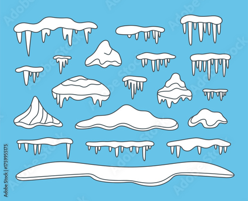 Winter Decoration Vector Collection with Snow Caps, Snowdrifts, Icicles, and Snowy Frames Ideal for Christmas and New Year Holiday Illustrations and Seasonal Design Projects