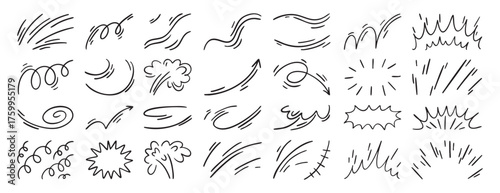 Expression and movement elements. Hand drawn emotion line, effects. Abstract hitting, jumping animation. Doodle curves, swirl, shape, motion. Vector set. Isolated puff and curved.