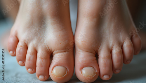 A close-up shot of a person's clean, bare feet standing on a light-colored floor.
