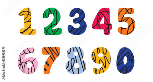colorful kids numbers vector from 1 to 0 with doodle messy pattern lines. set, doodle hand drawn, for stickers, logos, branding, social media and printable.