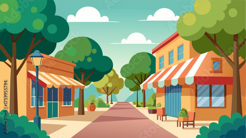 A charming street with quaint shops and cafes nestled under a canopy of lush trees.