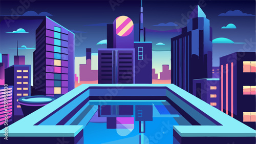 A modern rooftop pool surrounded by towering buildings surrounded by neon lights and bustling streets below.