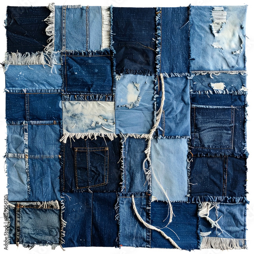 A patchwork of various blue denim fabric squares creating a textured, square design