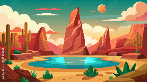 A peaceful oasis amidst towering rock formations and t cacti.